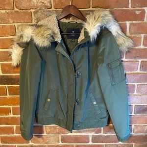 AE Green Faux Fur Hooded Coat/Jacket size L